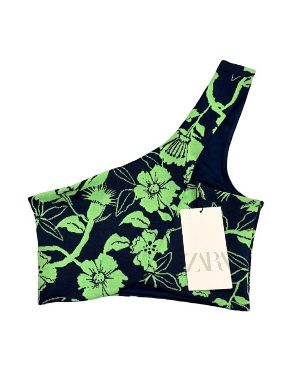 NEW ZARA Navy + Lime Green Jacquard Floral Print One-Shoulder Crop Top